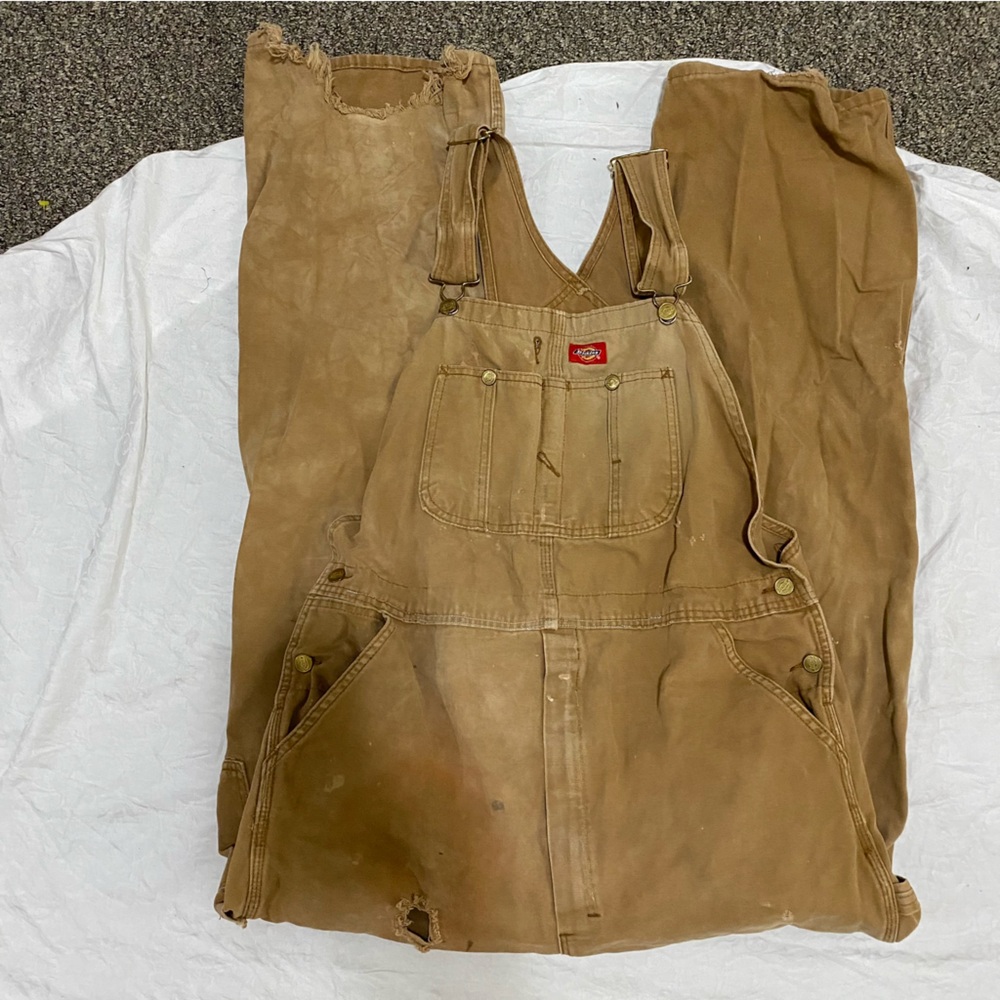 Vintage Destroyed Dickies Tan Overalls Workwear men’s 38 I think Used Brown Bib
